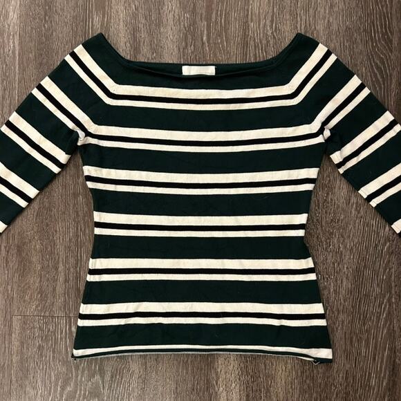 H&M Green Cream Black Striped Off-Shoulder Knit Top Long Sleeve Stretch Pullover - Picture 3 of 9
